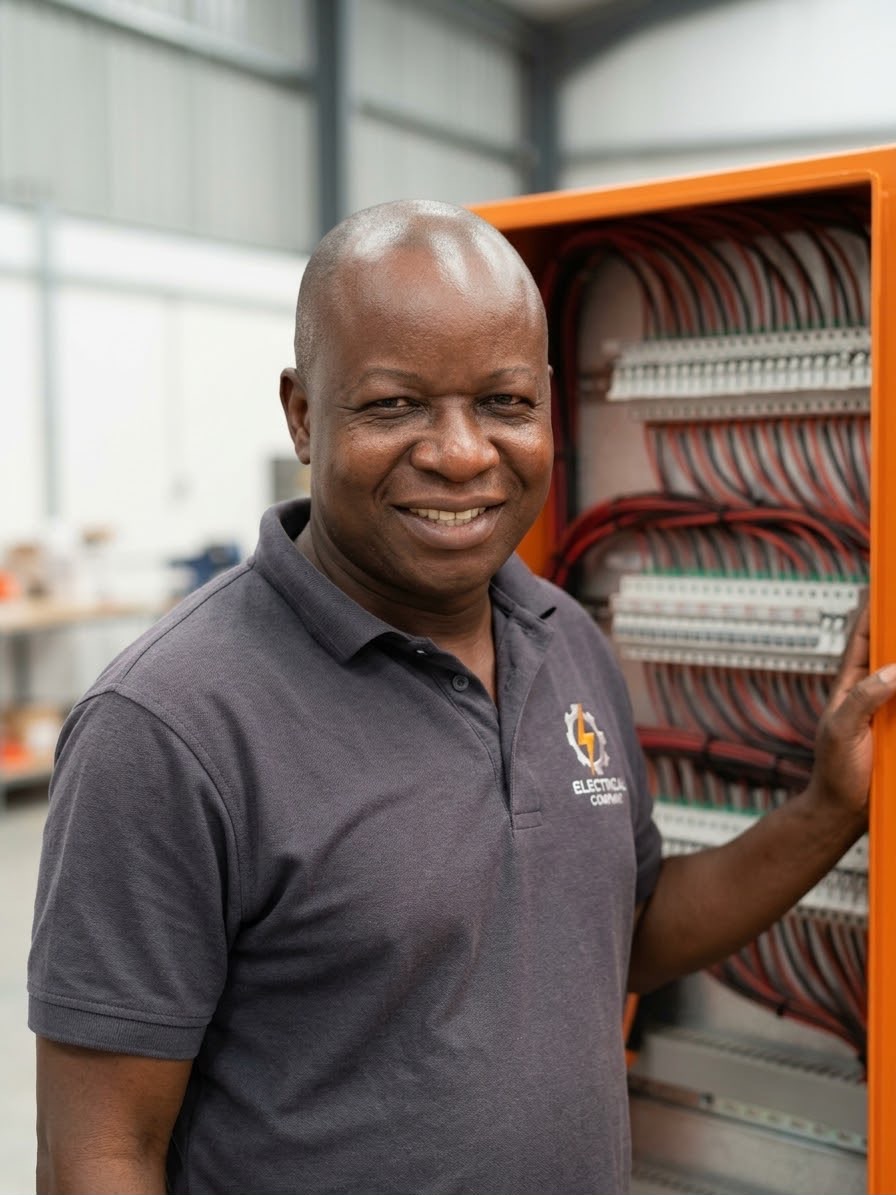 Farai, founder of Logic Electrical, at a wired distribution board